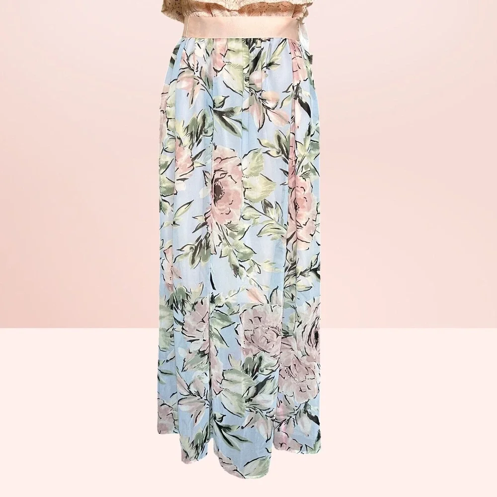 Ellen Weaver Floral Lace Off-Shoulder Maxi Dress Blue Blush Romantic Small NEW